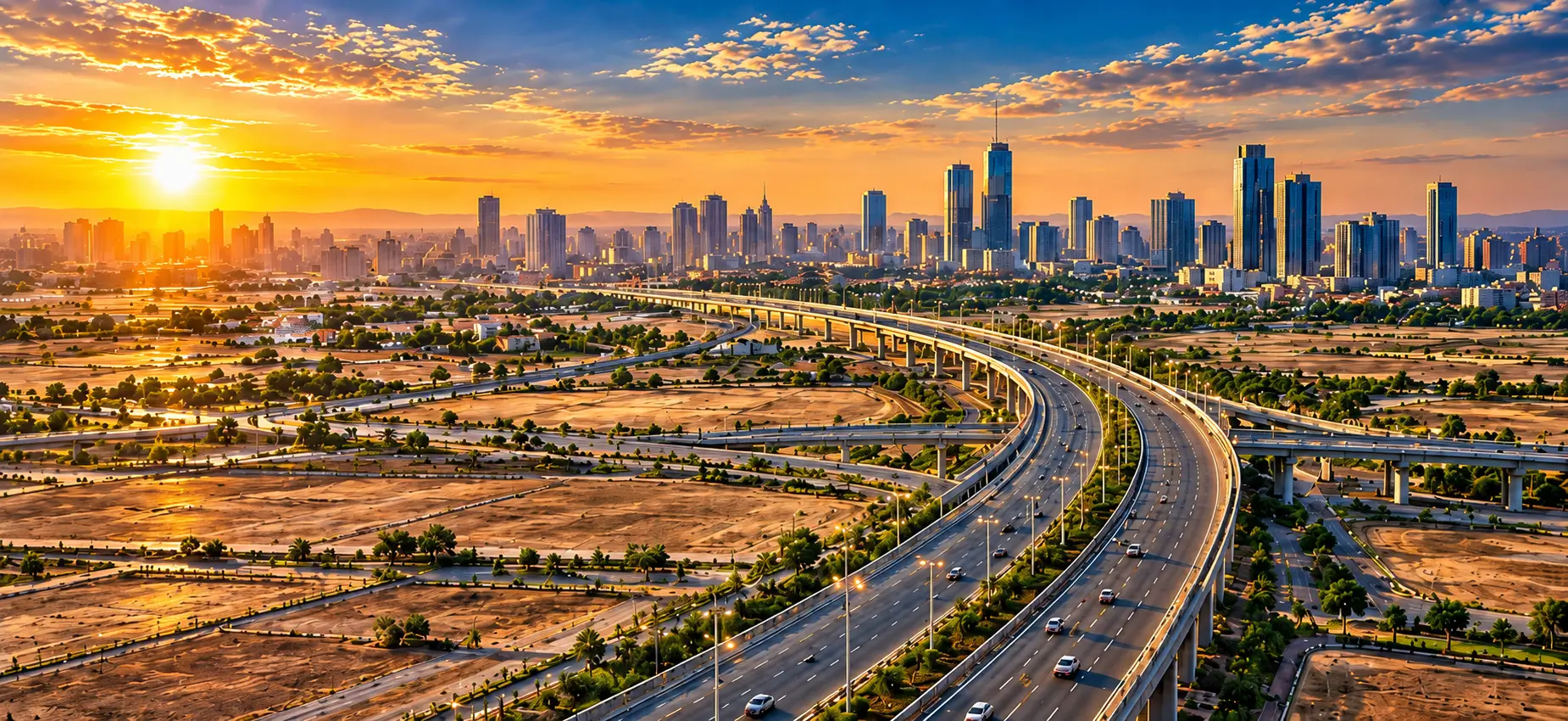 Illustrative landscape showing open land and a highway towards a city skyline, from a supplied creative. Not an actual Lucknow site photograph.